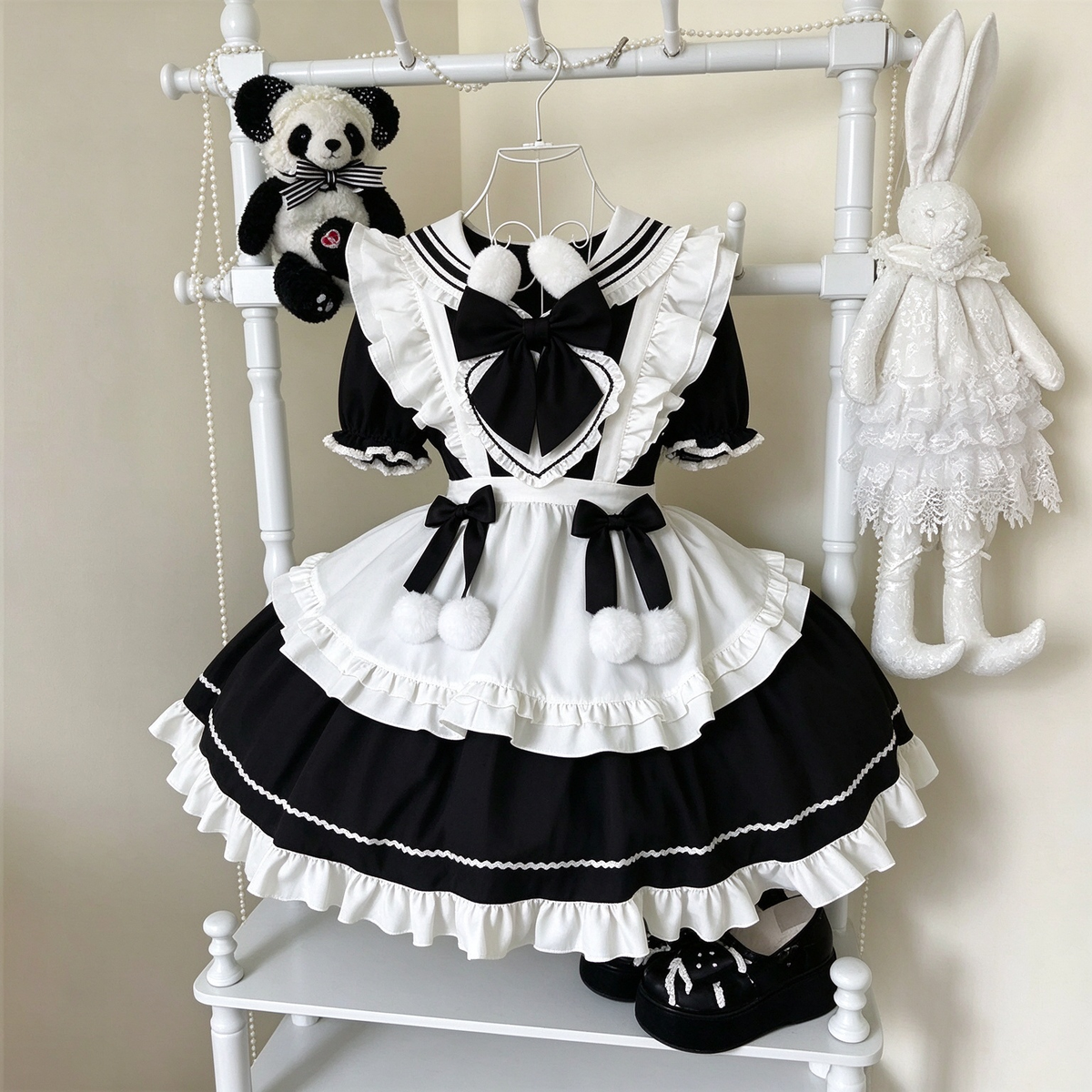 Black and White Sailor Collar Ruffled Maid Lolita Dress with Apron Bow Accent