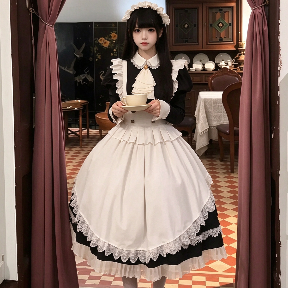 Classic Maid Lolita Long Sleeve OP Dress Set with Ascot Tie Medallion and High Waist Gold Button Apron