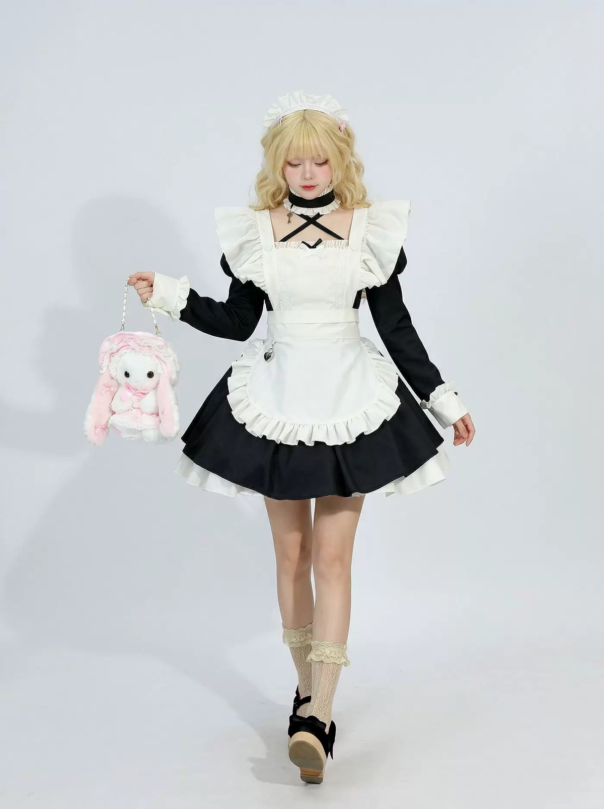 Classic Maid Lolita Long Sleeve OP Dress Set with Crisscross Neckline and Heart Pendant Apron
