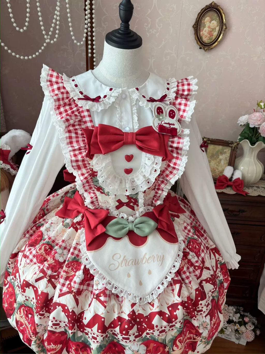 Sweet Maid Lolita Long Sleeve OP Dress Set with Strawberry Print and Heart Apron