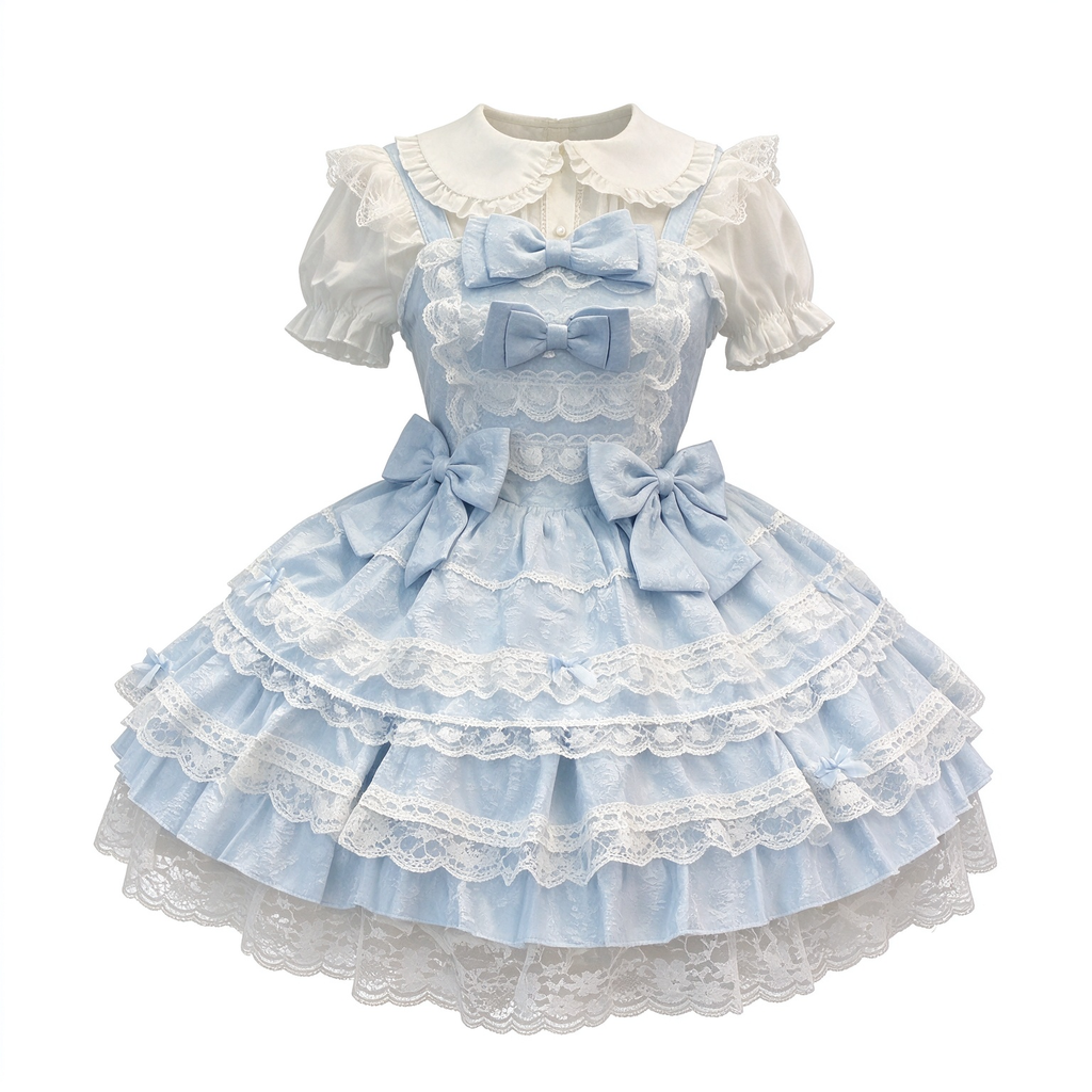 Light Blue and Pink Jacquard Ruffled Lolita Dress Set with Bow Accent