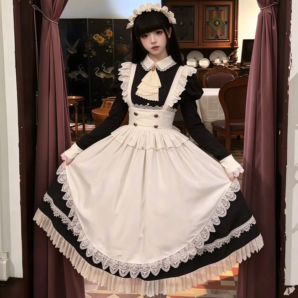 Classic Maid Lolita Long Sleeve OP Dress Set with Ascot Tie Medallion and High Waist Gold Button Apron
