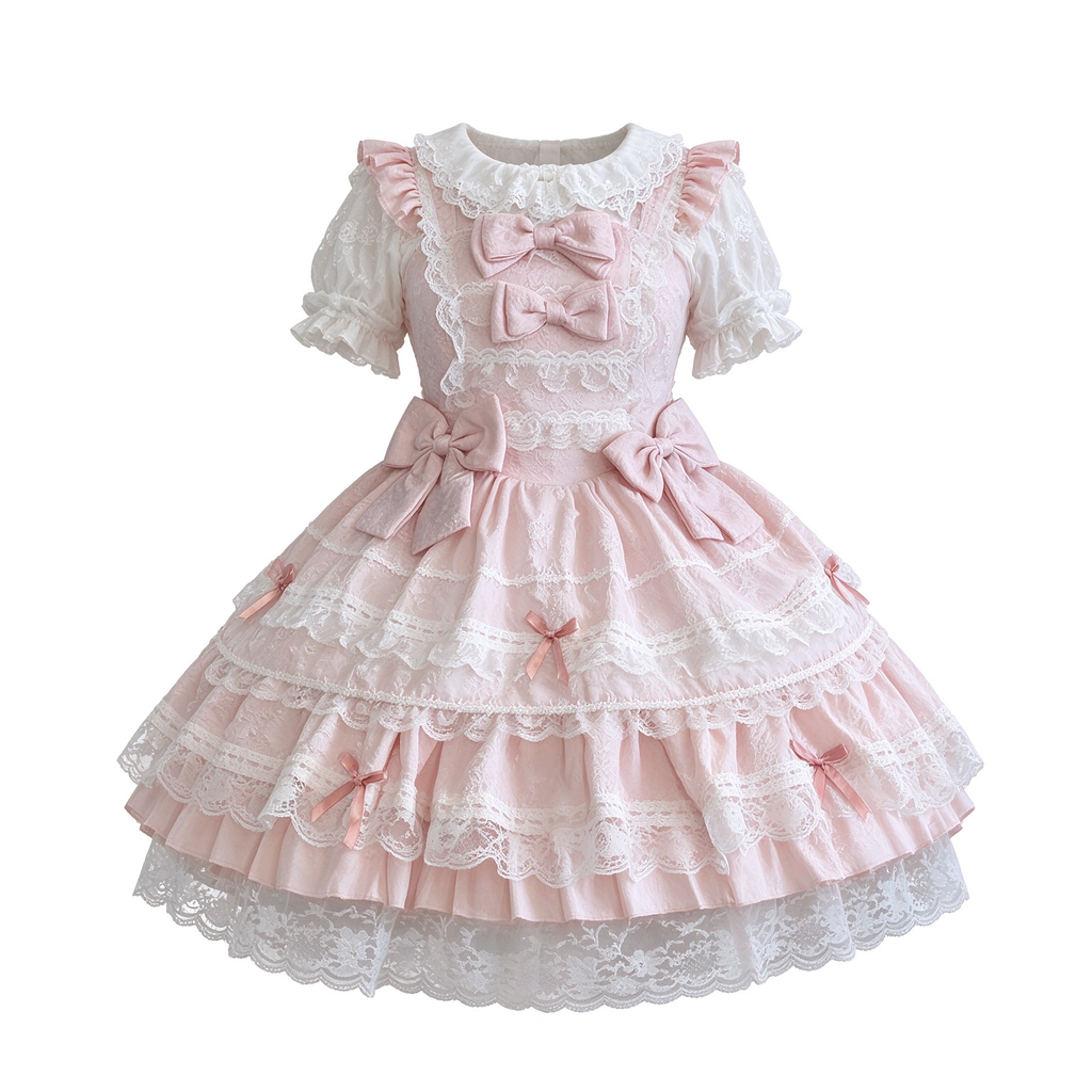 Light Blue and Pink Jacquard Ruffled Lolita Dress Set with Bow Accent