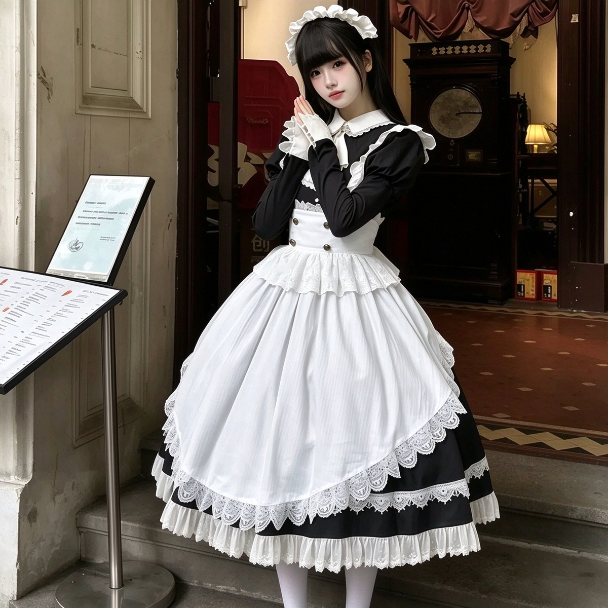 Classic Maid Lolita Long Sleeve OP Dress Set with Ascot Tie Medallion and High Waist Gold Button Apron
