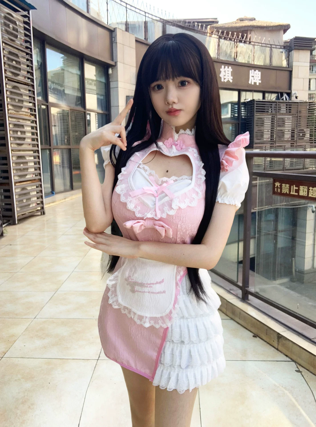 Sweet Maid Lolita Short Sleeve OP Dress Set with Heart Cutout Yoke and Side Ruffle Overlay