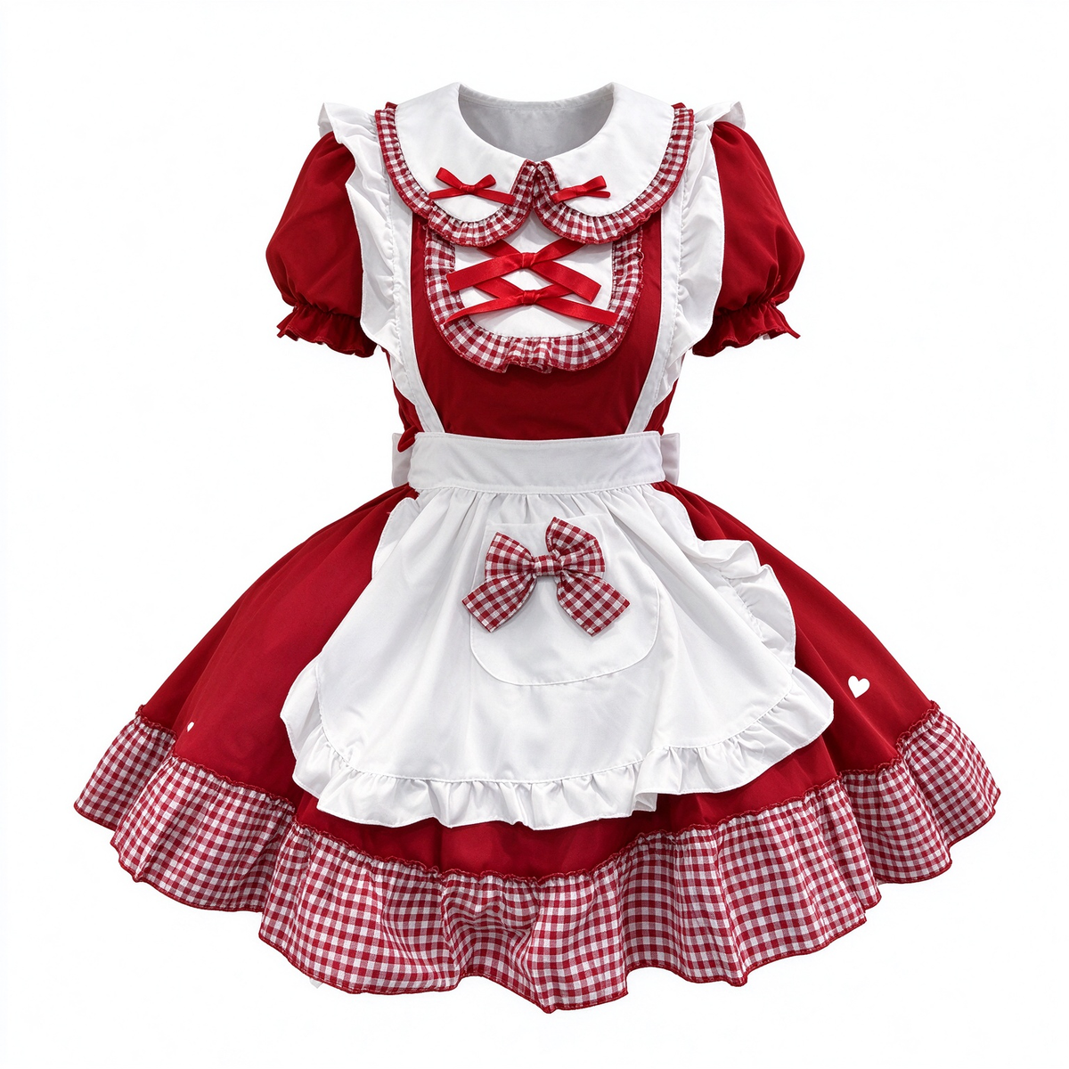 Red Plaid Ruffled Maid Lolita Dress with Apron Bow Accent