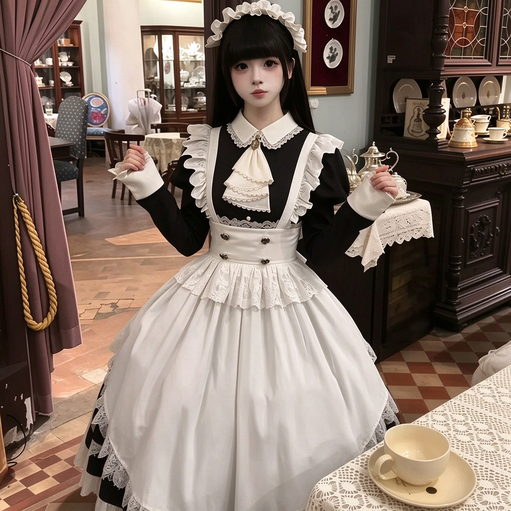 Classic Maid Lolita Long Sleeve OP Dress Set with Ascot Tie Medallion and High Waist Gold Button Apron