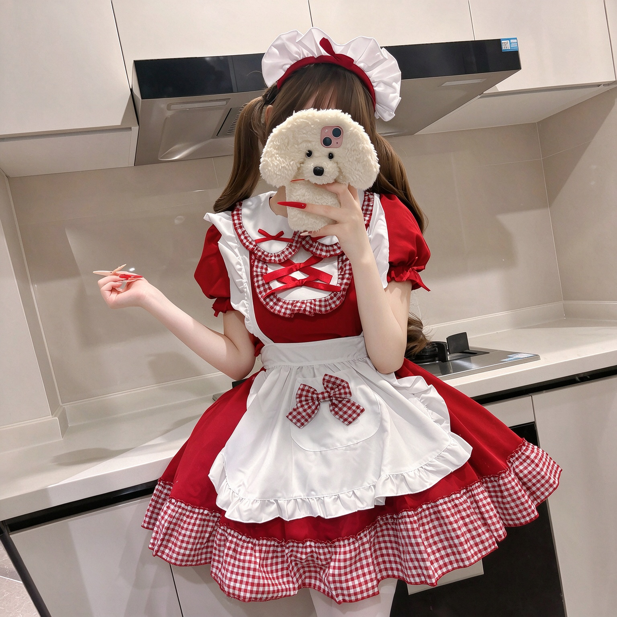 Red Plaid Ruffled Maid Lolita Dress with Apron Bow Accent