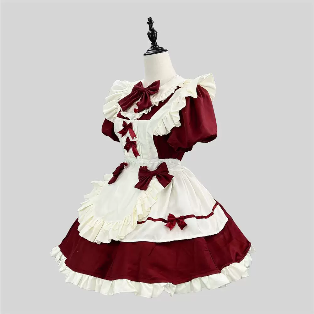 Burgundy and White Lace Gothic Maid Lolita Dress Set with Bell Bows