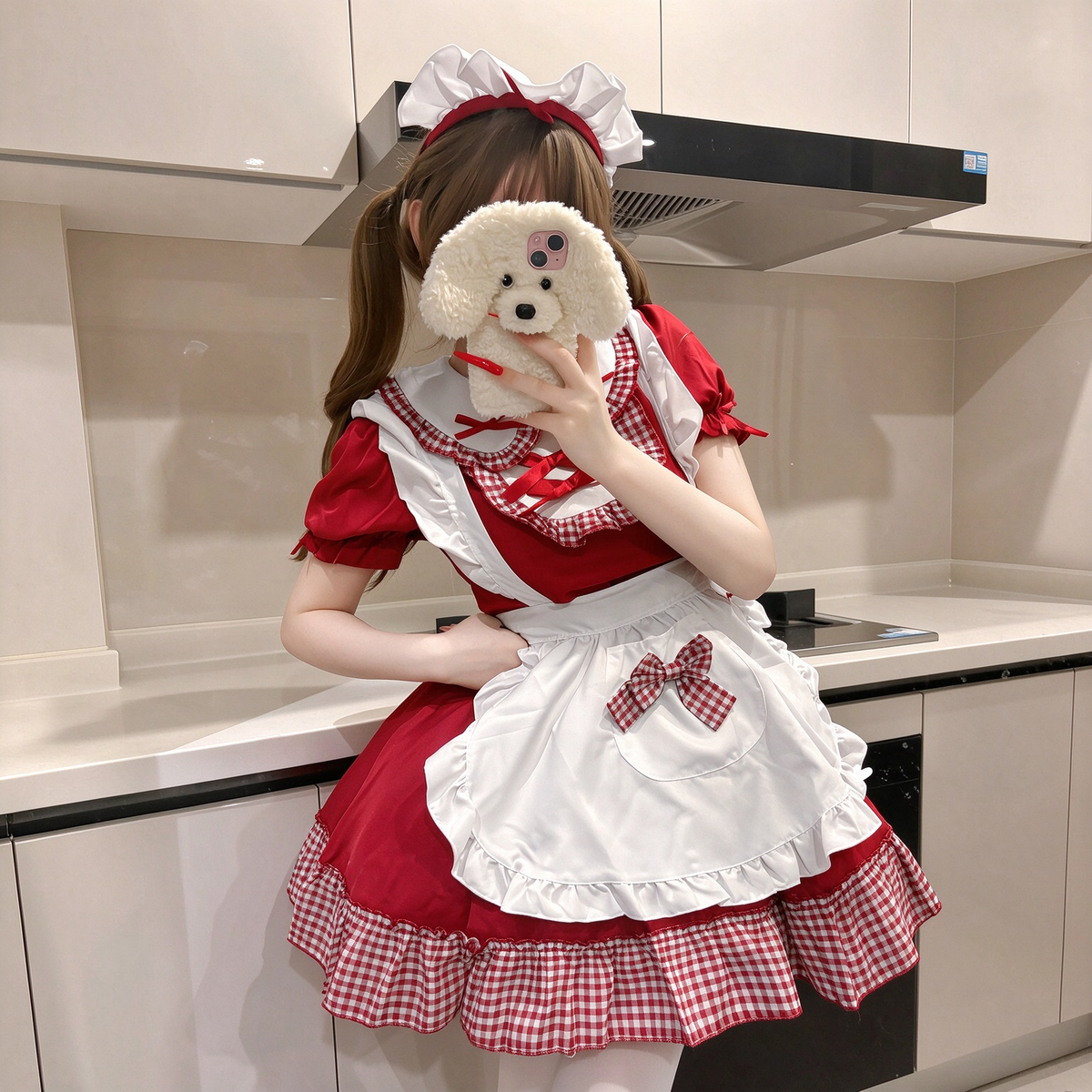 Red Plaid Ruffled Maid Lolita Dress with Apron Bow Accent