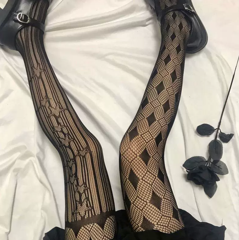 Black and White Argyle Floral Patterned Sheer High-Thigh Lolita Stockings
