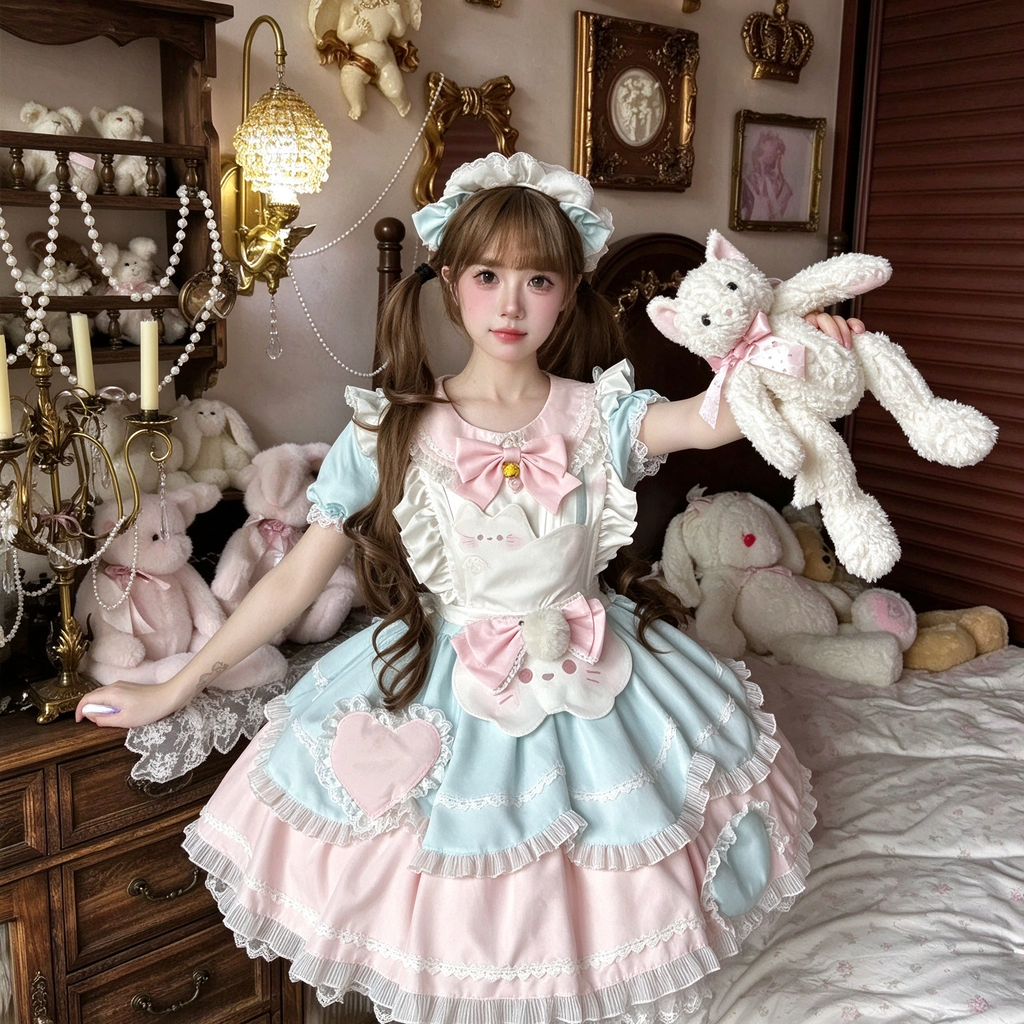 Sweet Maid Lolita Short Sleeve OP Dress Set with Cat Shaped Apron and Heart Pockets