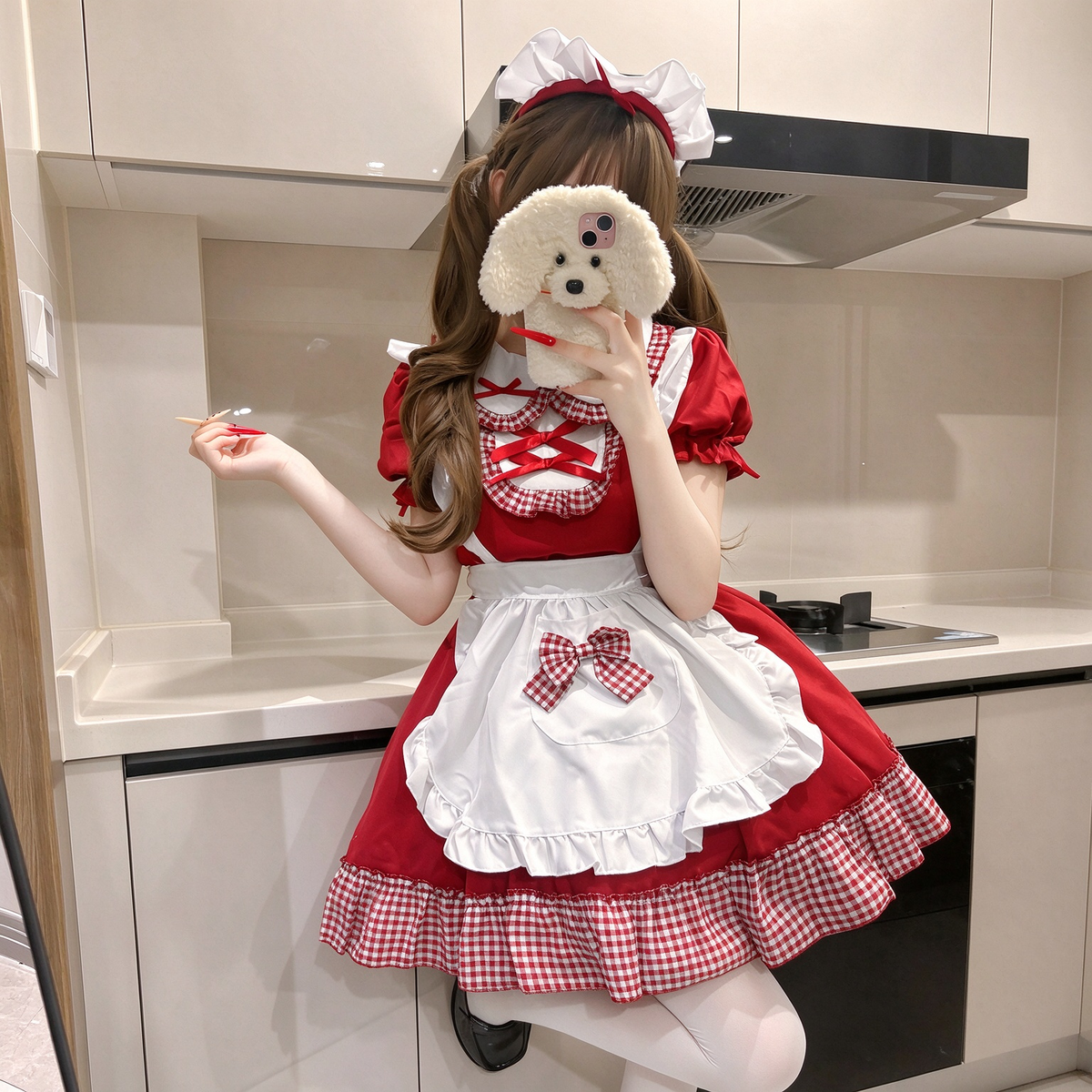 Red Plaid Ruffled Maid Lolita Dress with Apron Bow Accent