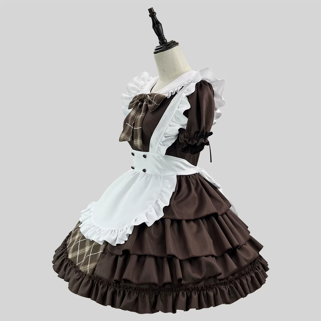 Classic Maid Lolita Short Sleeve OP Dress Set with Plaid Bow Accent and Double-Breasted Apron