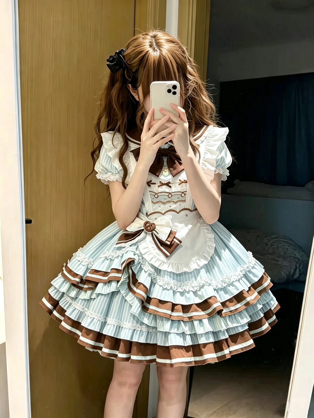 Sweet Maid Lolita Short Sleeve OP Dress Set with Striped Pattern and Scalloped Chocolate Apron