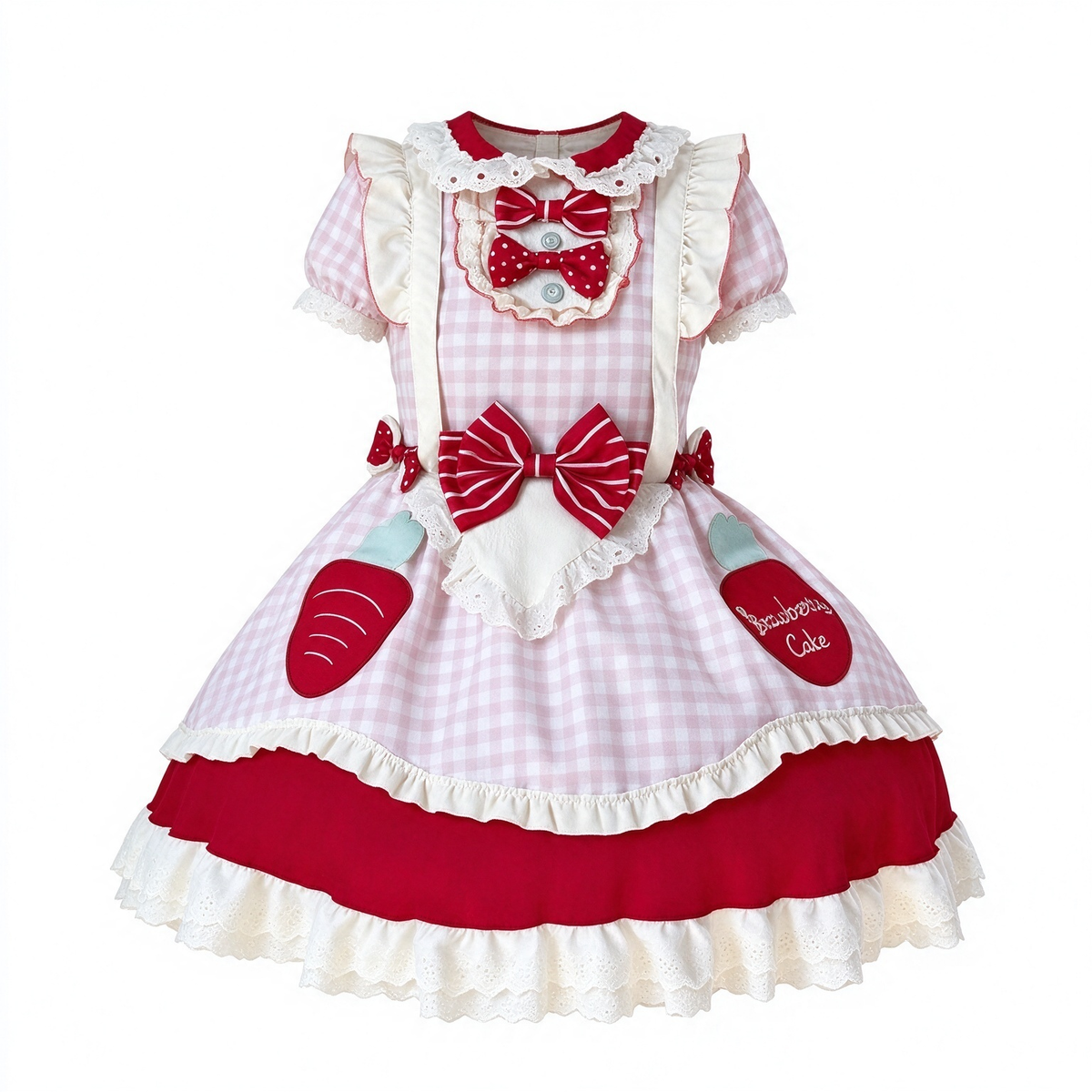 Pink Gingham and Red Ruffled Maid Lolita Dress with Bow Accent