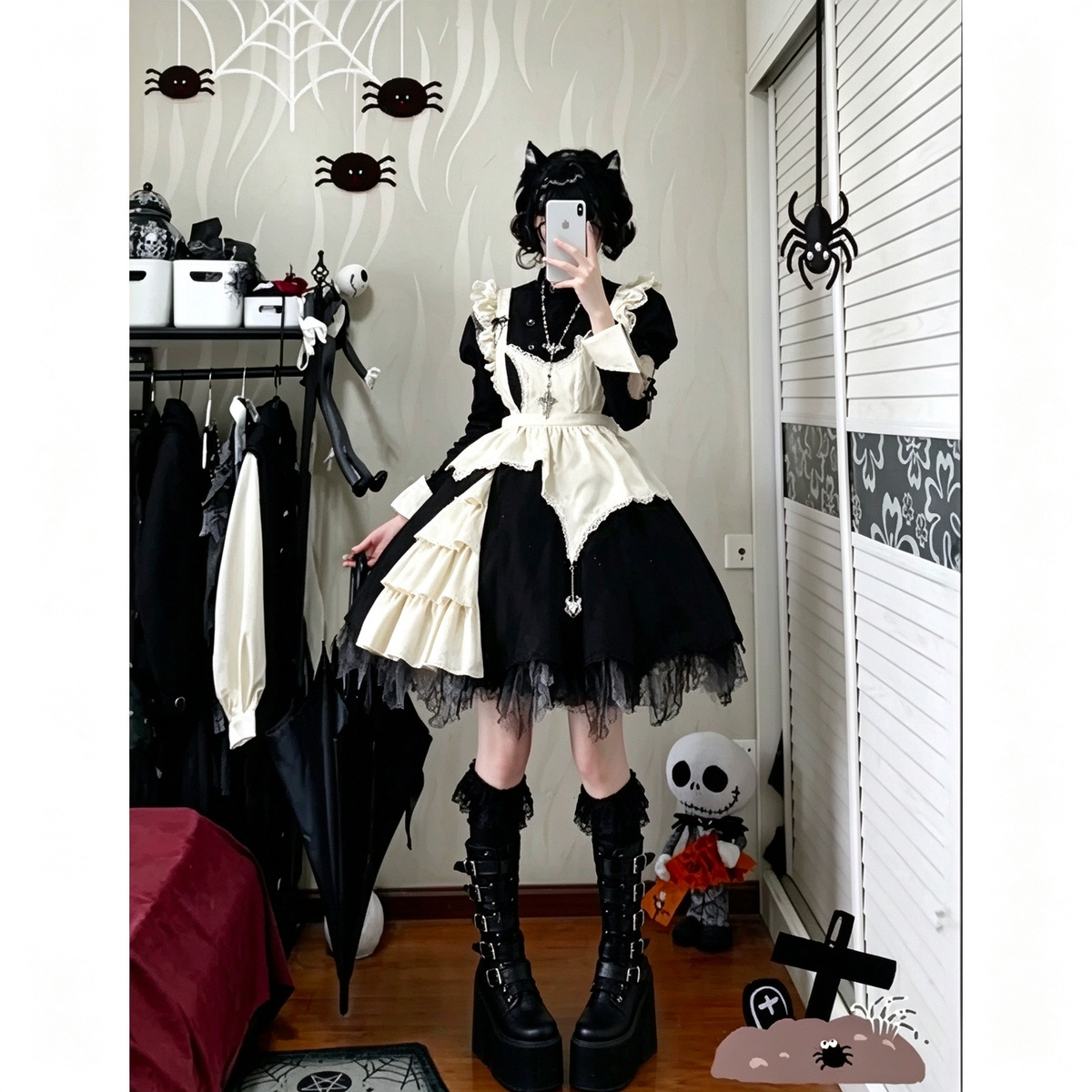 Gothic Maid Lolita Long Sleeve OP Dress Set with Spiderweb Lace and Bat Cross Necklace
