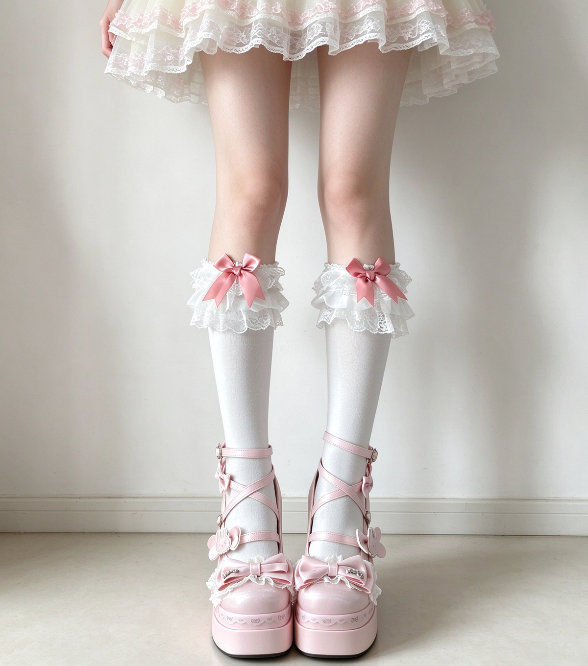 Pink, Light Blue, and White Ruffled Lace Bow Calf High Sweet Lolita Socks