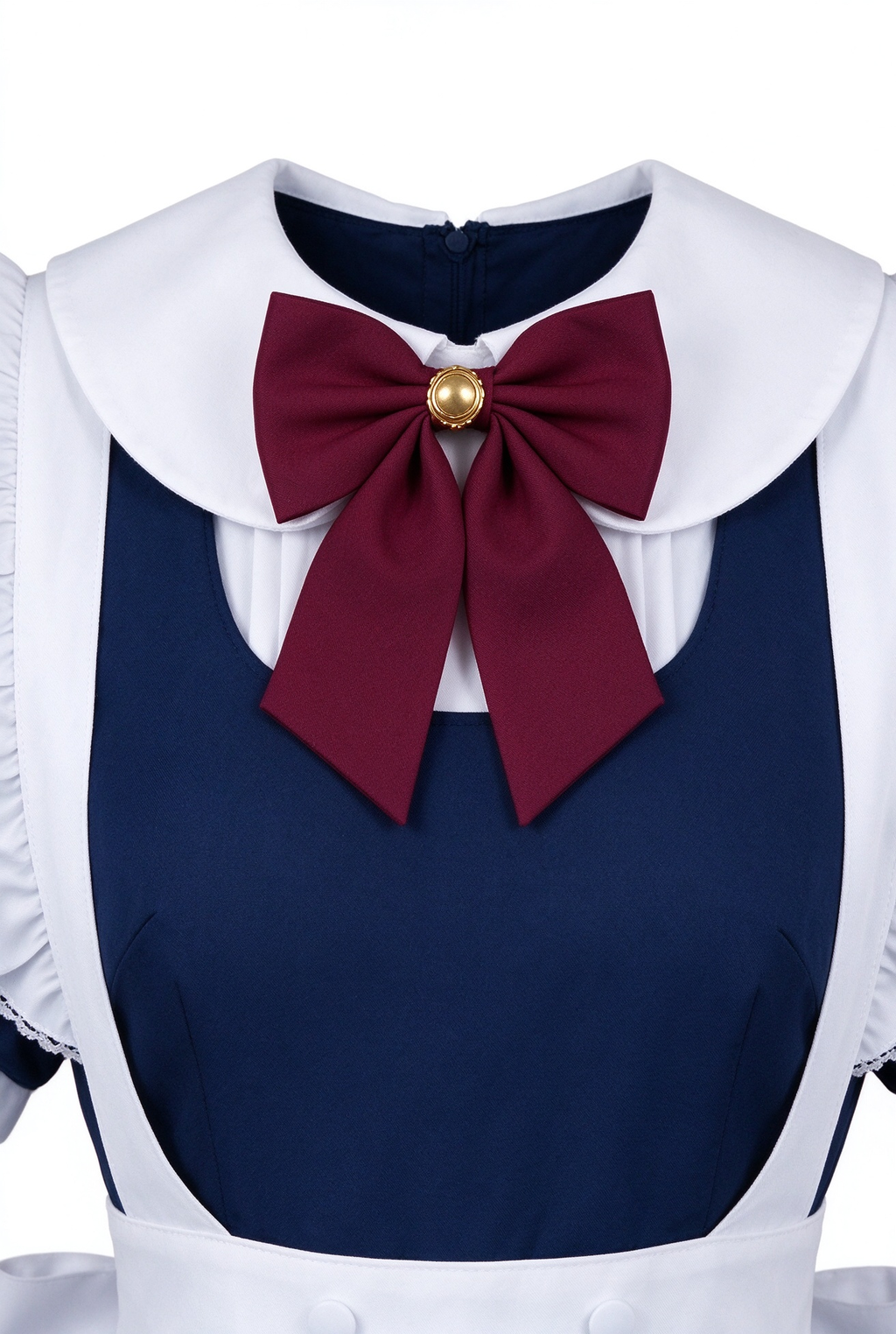 Navy Blue and White Lace Maid Lolita Jumper Dress with Red Bow