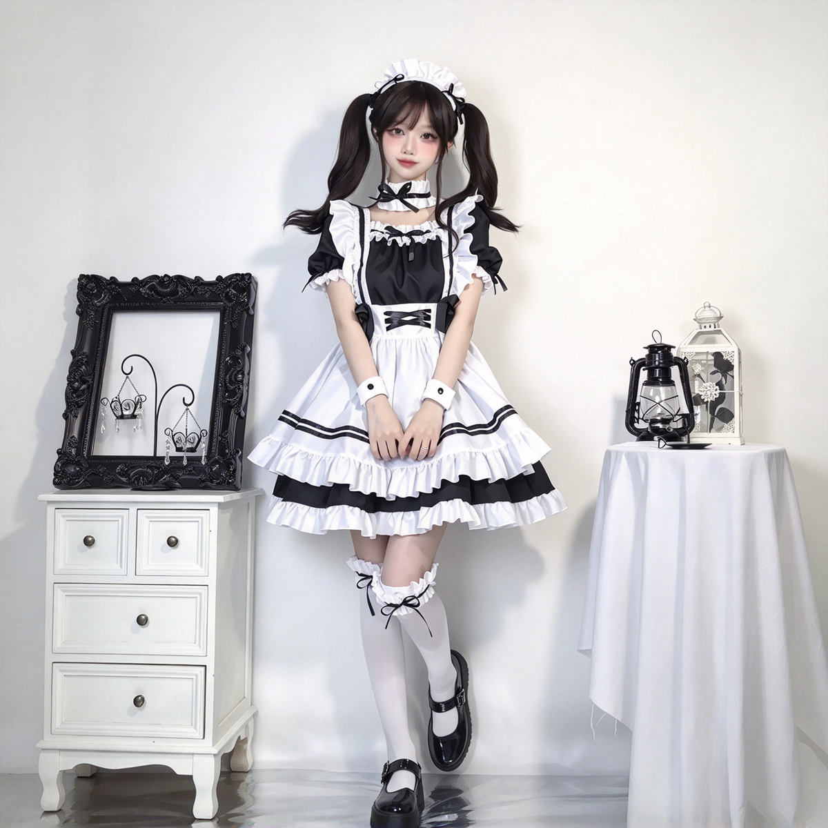 Sweet Maid Lolita Short Sleeve OP Dress Set with Crisscross Waist Band and Matching Choker