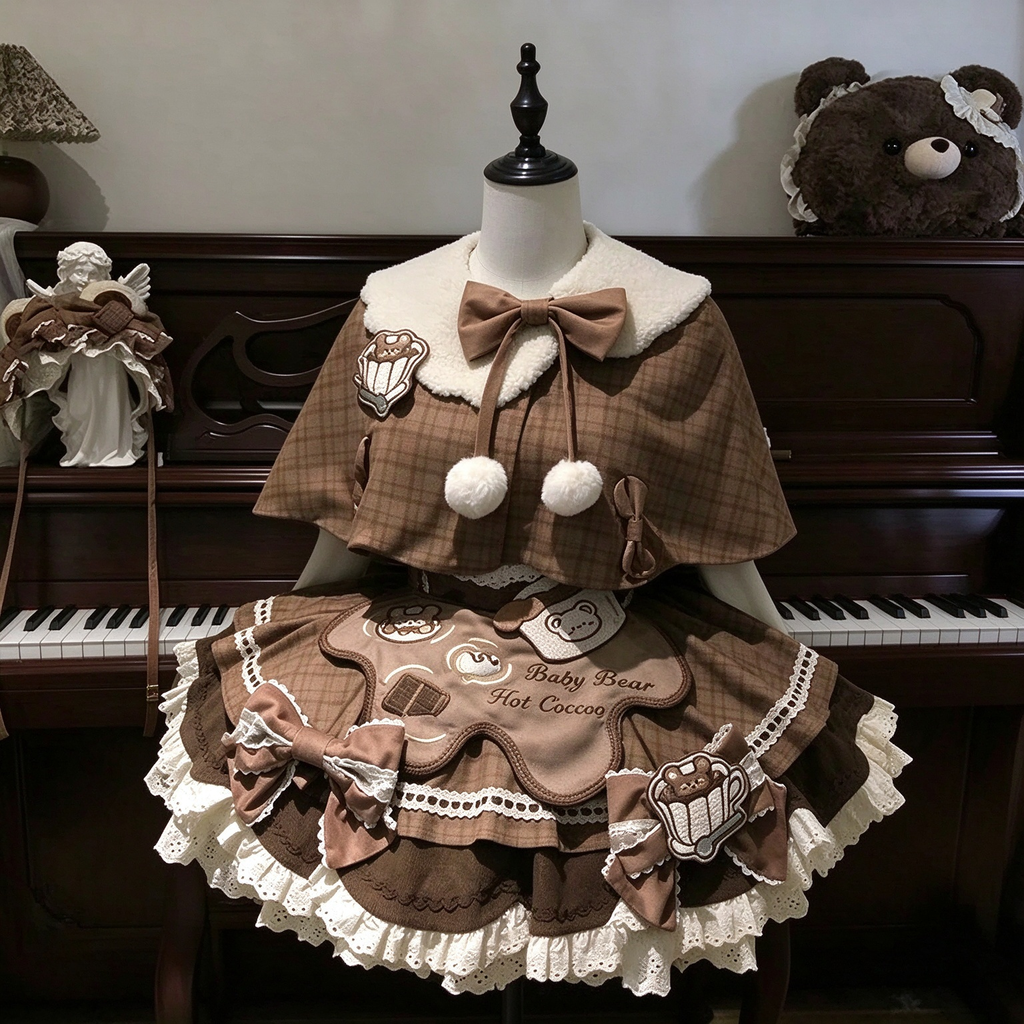 Brown Plaid Bear Print Ruffled Lolita Dress Set with Bow Accent