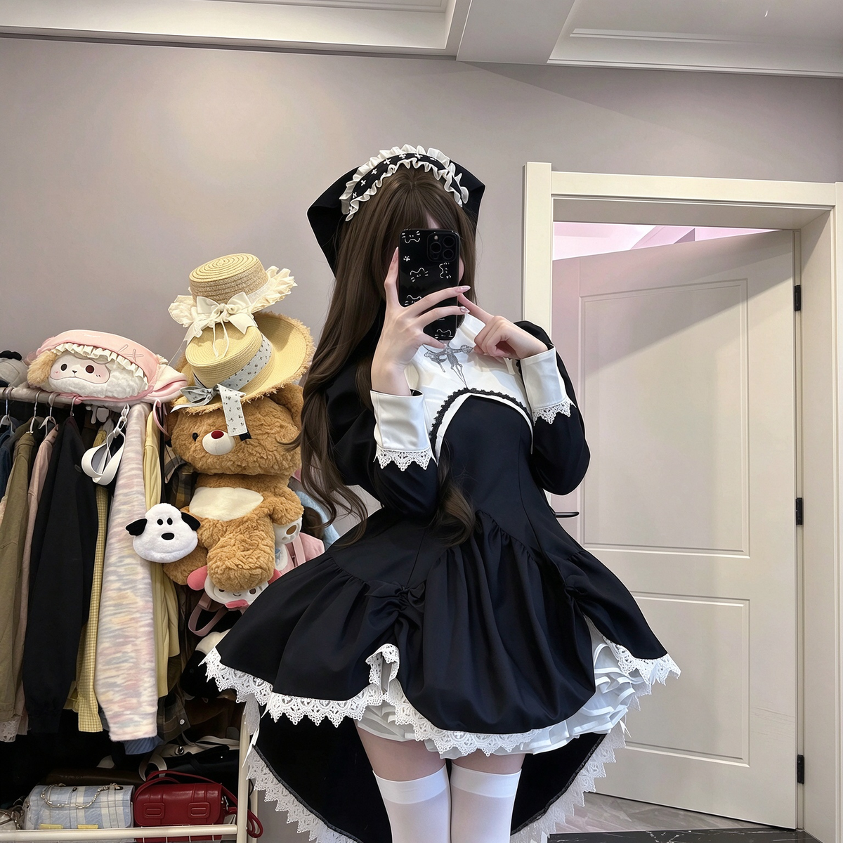 Gothic Nun Lolita Long Sleeve OP Dress with Cross Embroidery and High-Low Hem