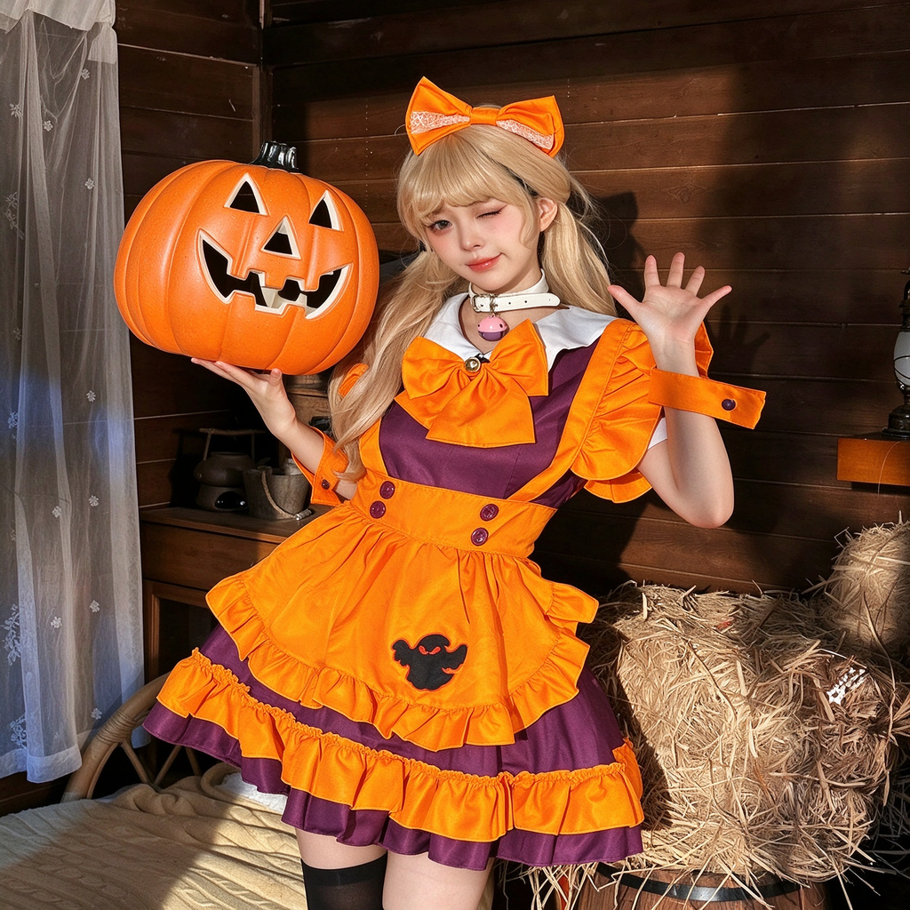 Purple Orange Lace Tiered Lolita Jumper Dress with Ghost