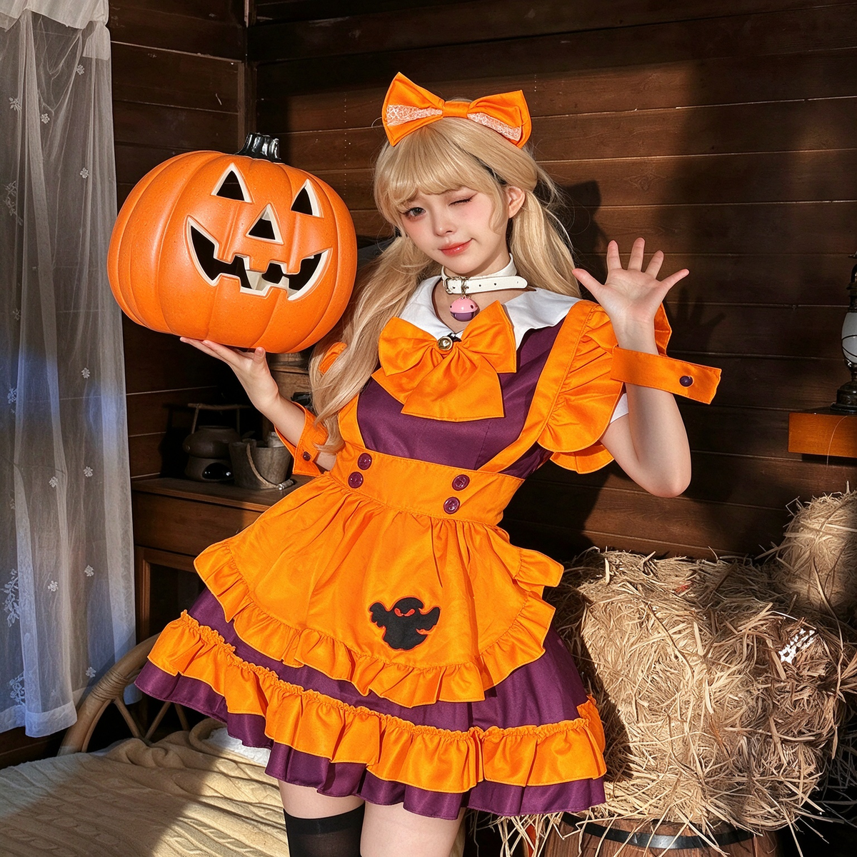 Purple Orange Lace Tiered Lolita Jumper Dress with Ghost