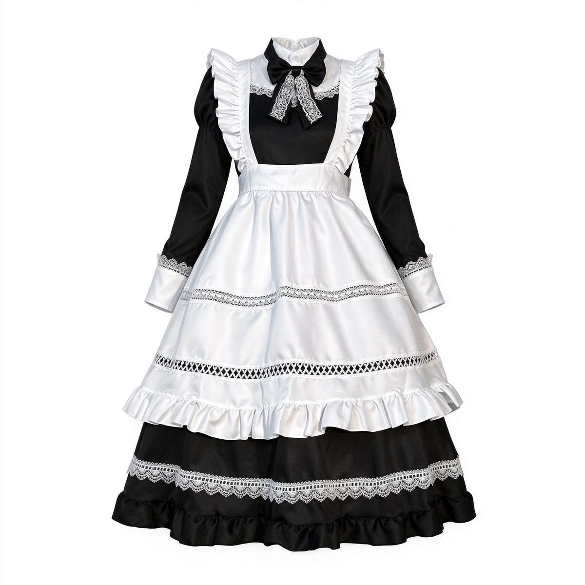 Classic Maid Lolita Long Sleeve OP Dress Set with Ruffled Shoulder Strap Apron