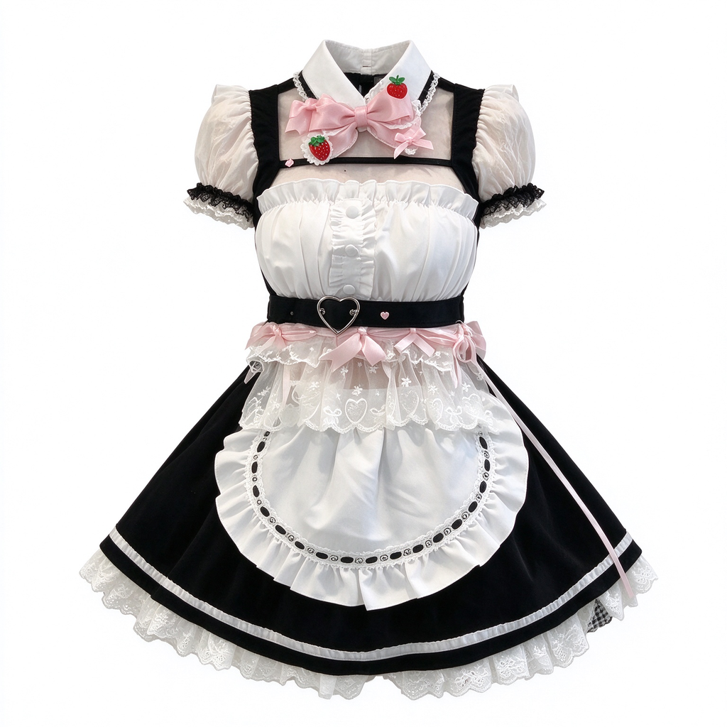 Black and White Ruffled Maid Lolita Dress with Pink Apron Bow Accent