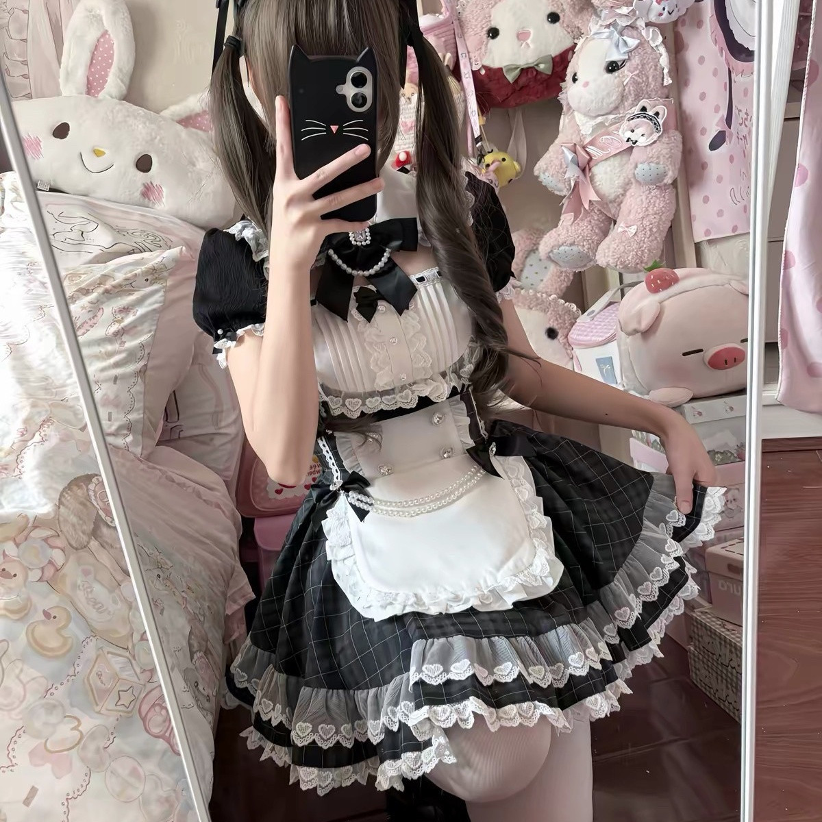 Black Plaid Ruffled Maid Lolita Dress with Apron Bow Accent