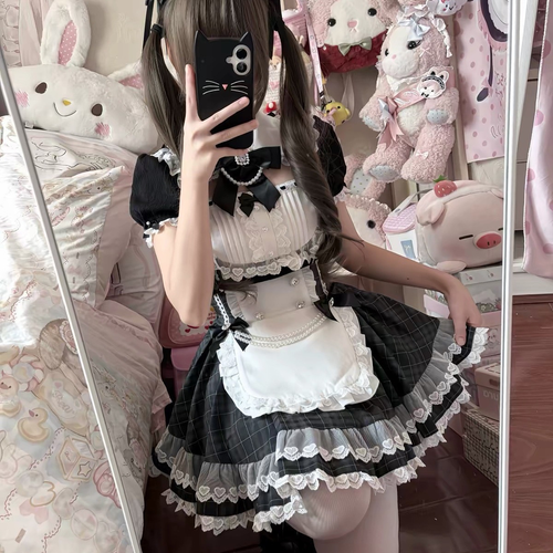 Black Plaid Ruffled Maid Lolita Dress with Apron Bow Accent
