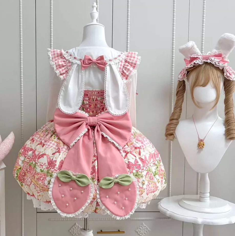 Sweet Maid Lolita Long Sleeve OP Dress Set with Strawberry Print and Heart Apron