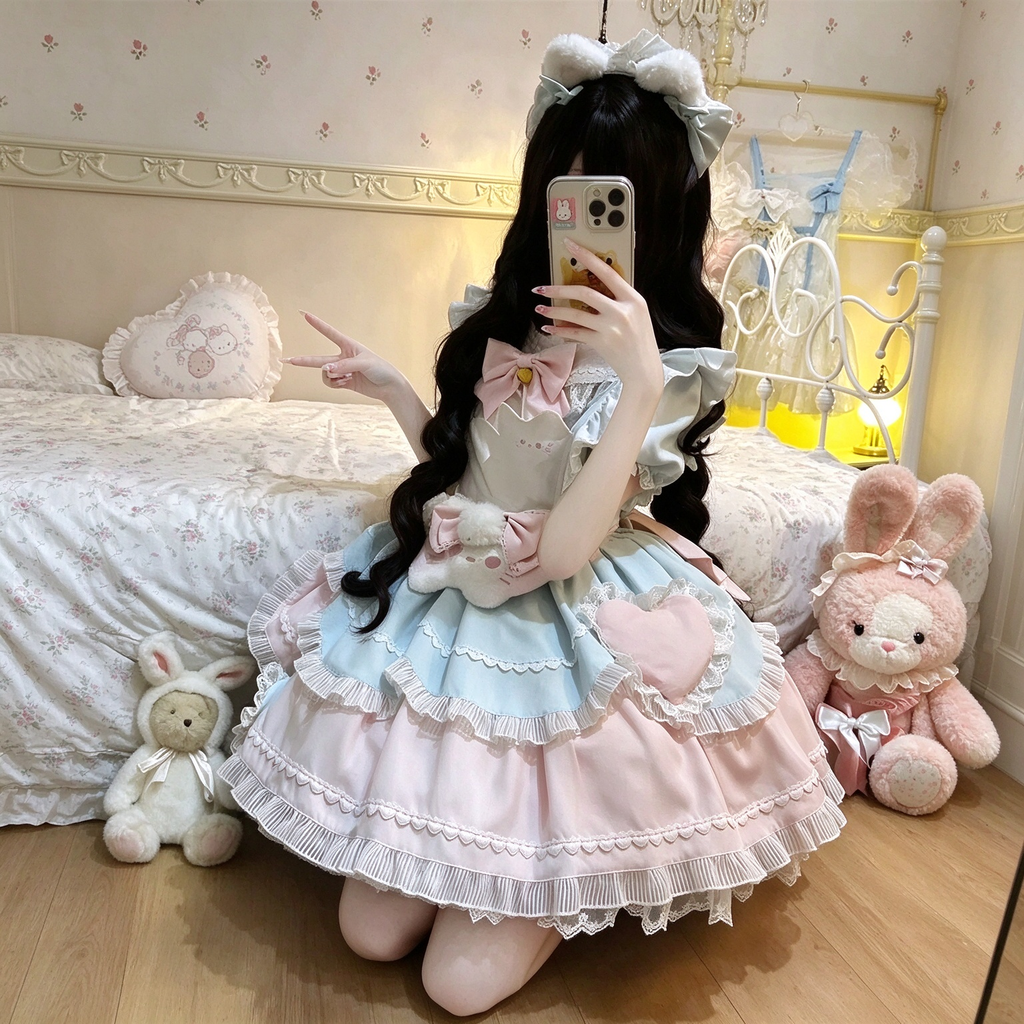 Sweet Maid Lolita Short Sleeve OP Dress Set with Cat Shaped Apron and Heart Pockets
