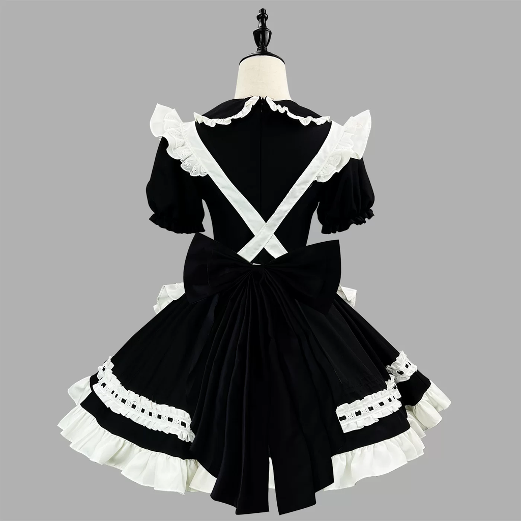 Sweet Maid Lolita Short Sleeve OP Dress Set with Velvet Bell Bow and Embroidered Cat Pocket Apron