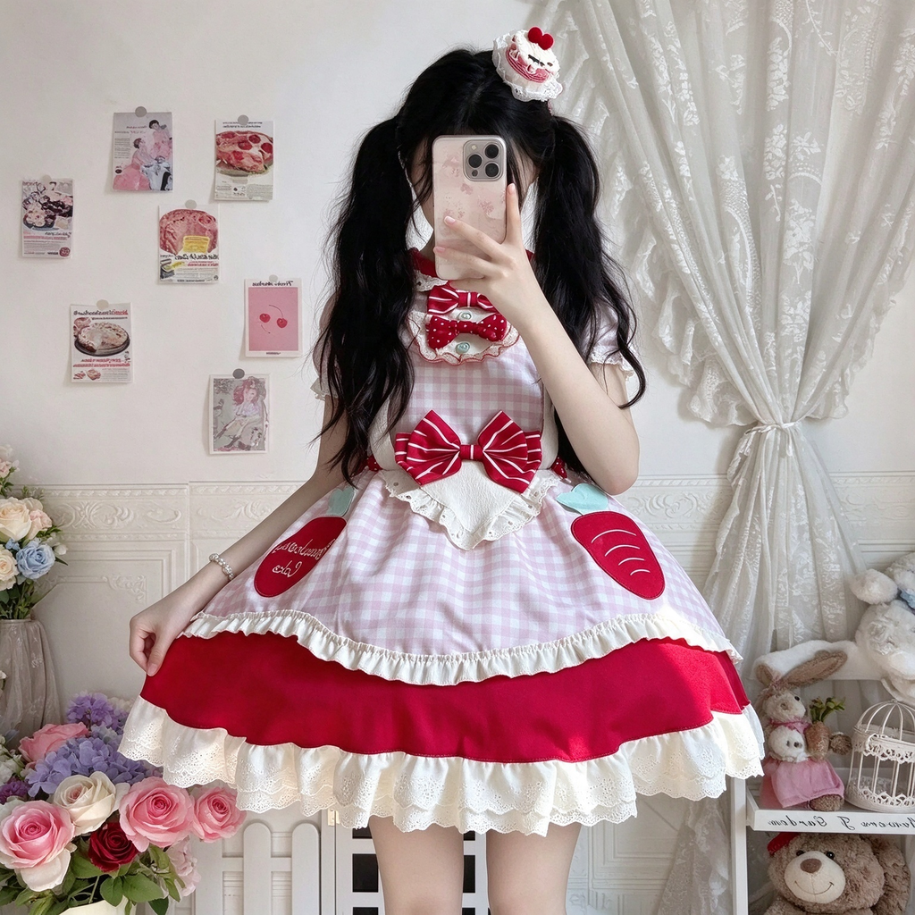 Pink Gingham and Red Ruffled Maid Lolita Dress with Bow Accent