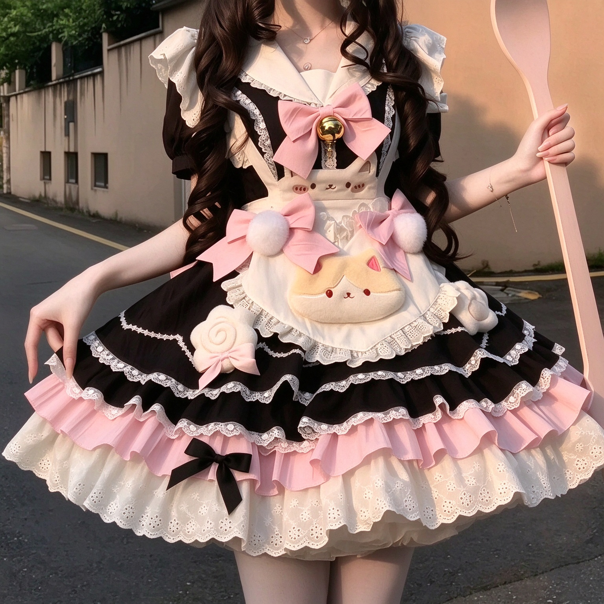 Sweet Maid Lolita Short Sleeve OP Dress Set with Sailor Collar and Plush Cat Pocket Apron