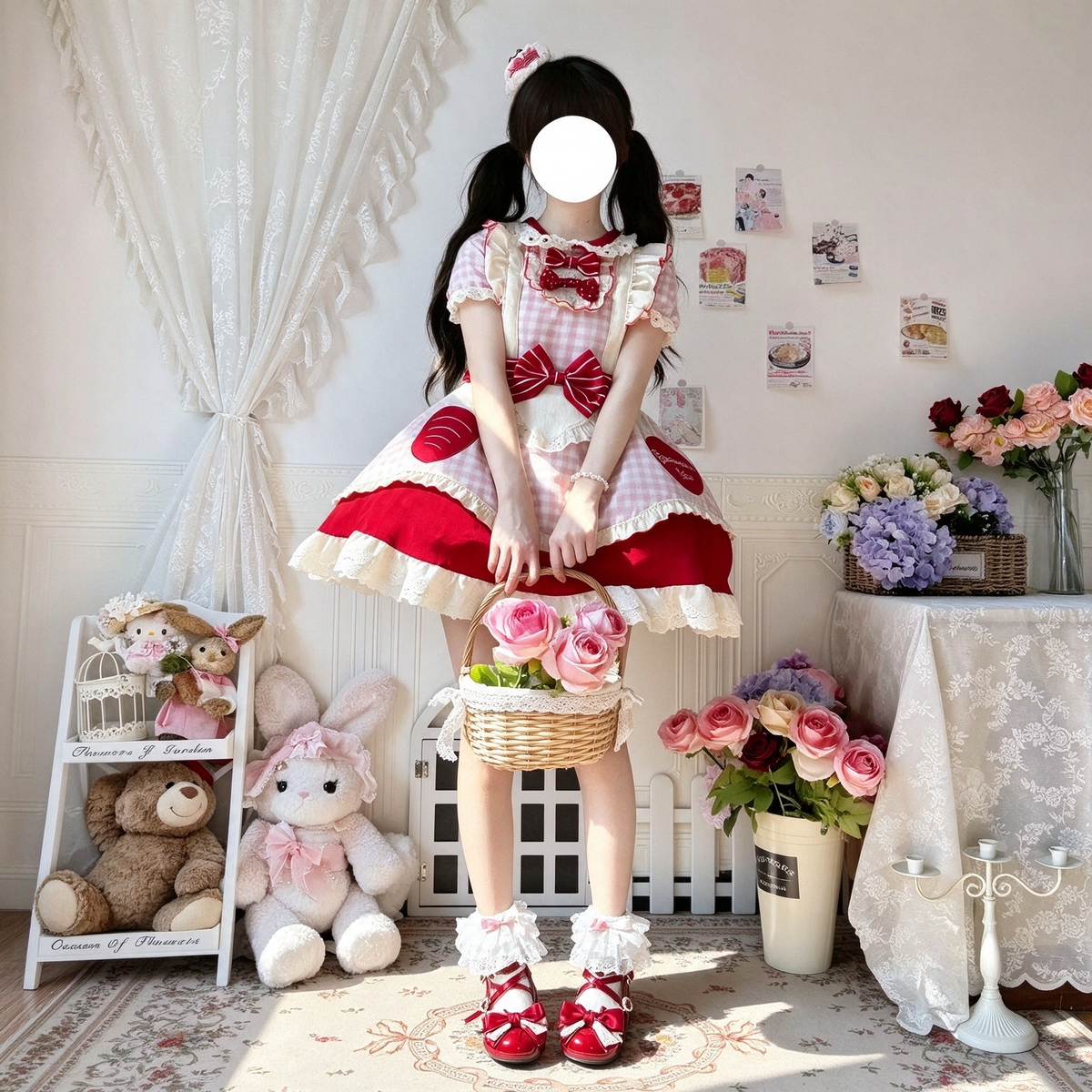 Pink Gingham and Red Ruffled Maid Lolita Dress with Bow Accent