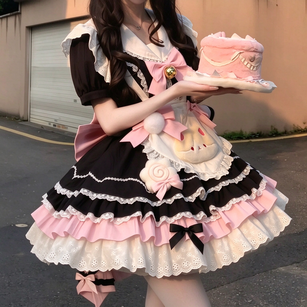 Sweet Maid Lolita Short Sleeve OP Dress Set with Sailor Collar and Plush Cat Pocket Apron