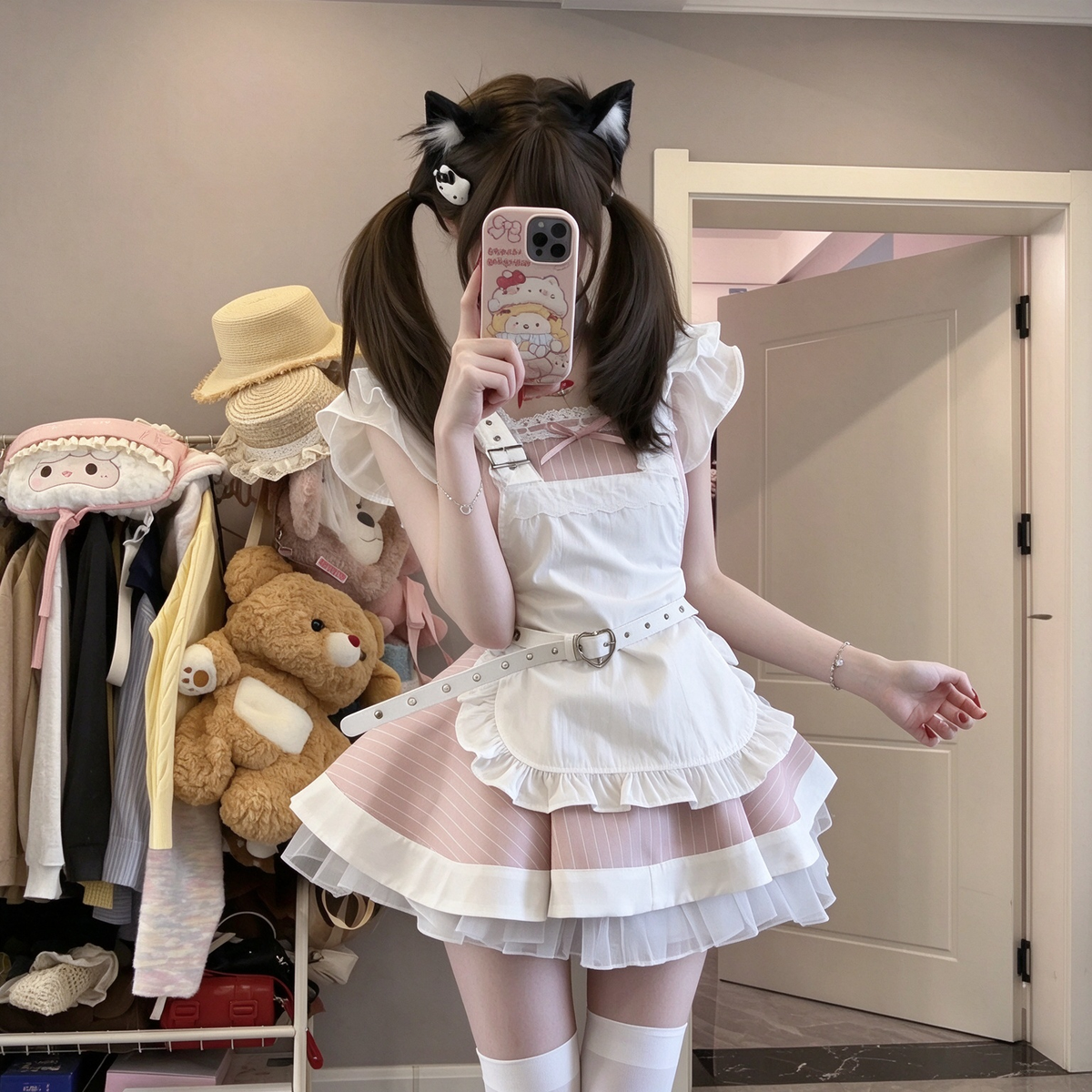 Sweet Maid Lolita Short Sleeve OP Dress Set with High-Waist Heart Buckle Belt and Fitted Waistband