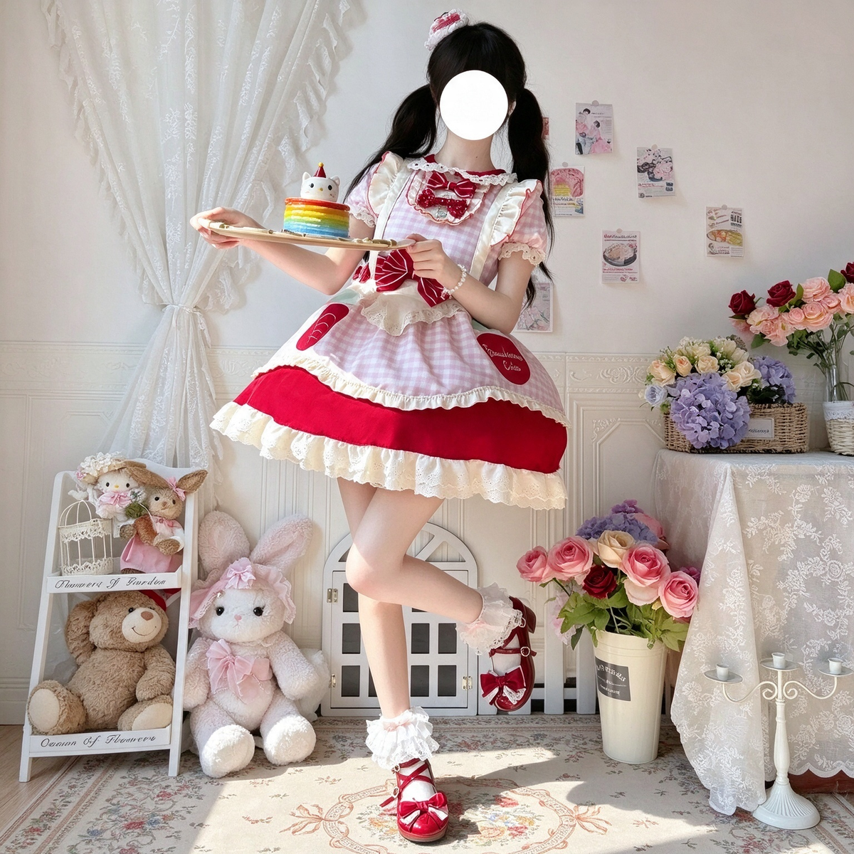 Pink Gingham and Red Ruffled Maid Lolita Dress with Bow Accent