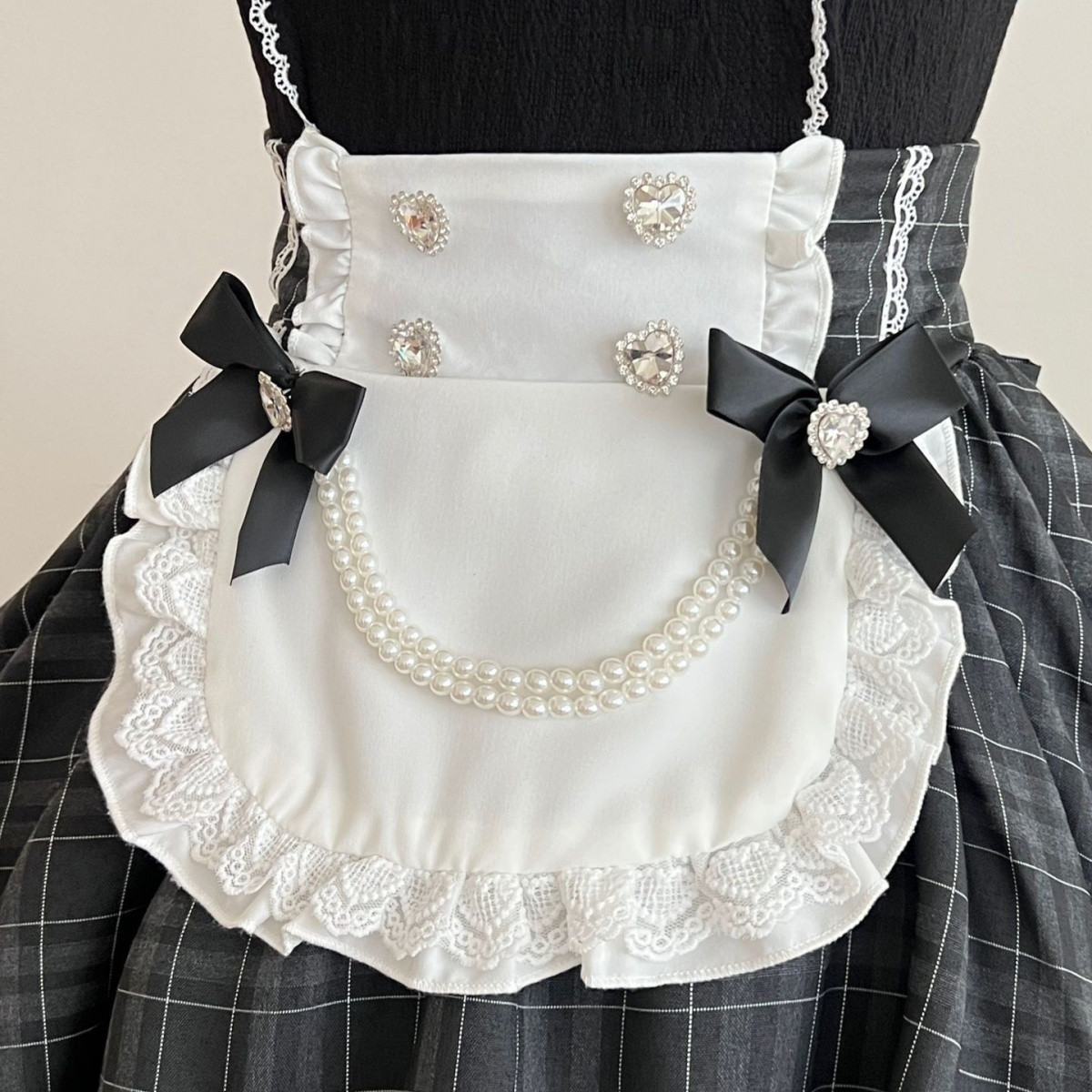 Black Plaid Ruffled Maid Lolita Dress with Apron Bow Accent