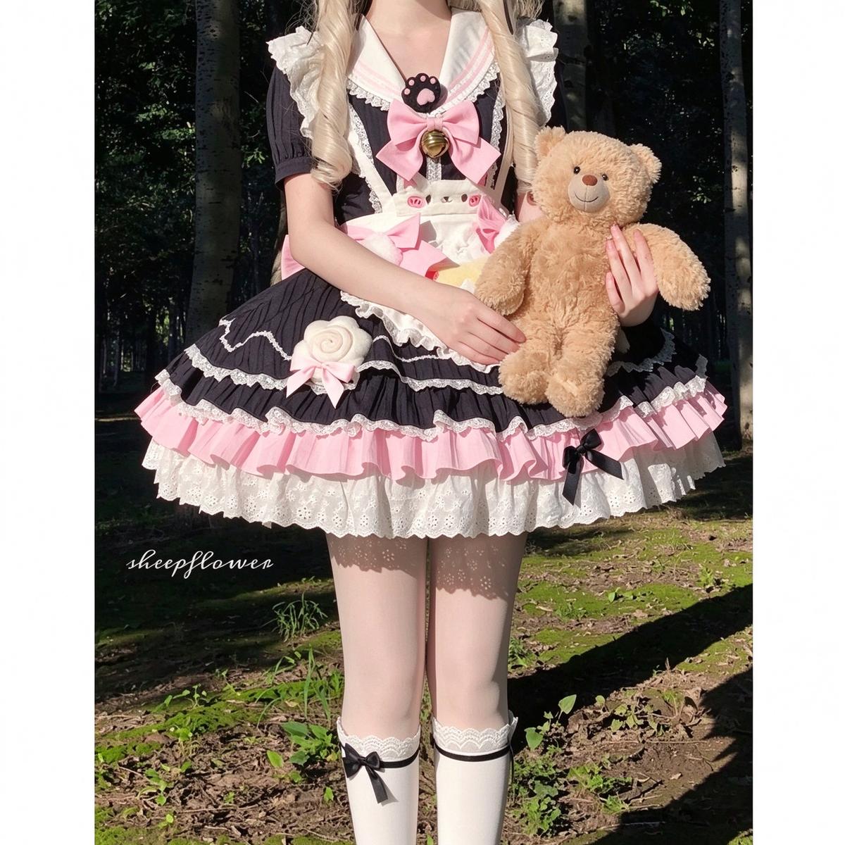 Sweet Maid Lolita Short Sleeve OP Dress Set with Sailor Collar and Plush Cat Pocket Apron
