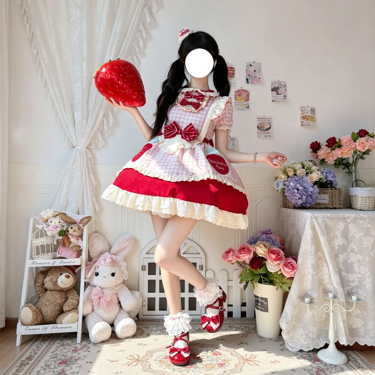 Pink Gingham and Red Ruffled Maid Lolita Dress with Bow Accent