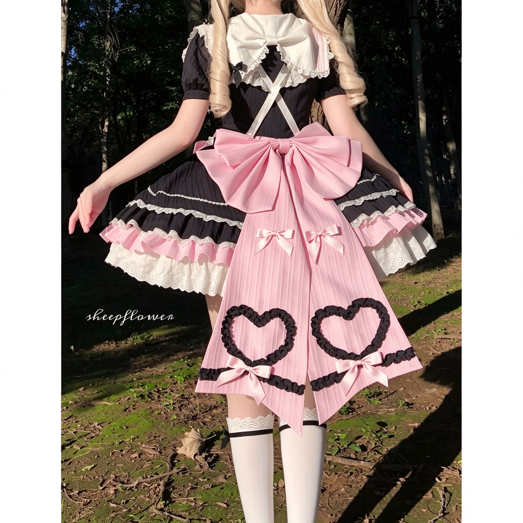 Sweet Maid Lolita Short Sleeve OP Dress Set with Sailor Collar and Plush Cat Pocket Apron