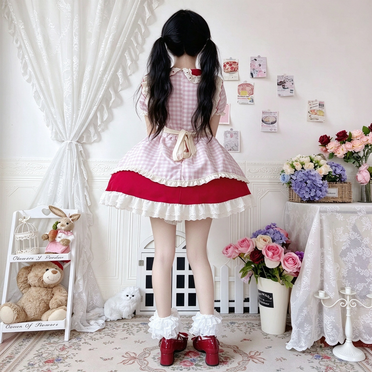 Pink Gingham and Red Ruffled Maid Lolita Dress with Bow Accent