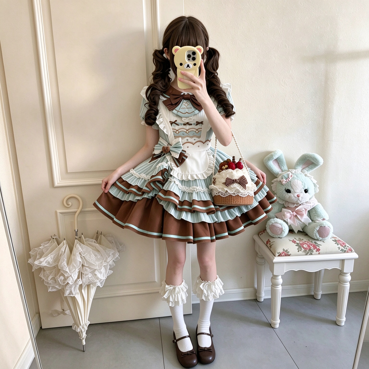 Sweet Maid Lolita Short Sleeve OP Dress Set with Striped Pattern and Pretzel Badge Apron