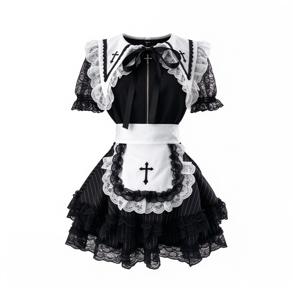 Black and White Gothic Maid Lolita Dress Set with Apron Accent
