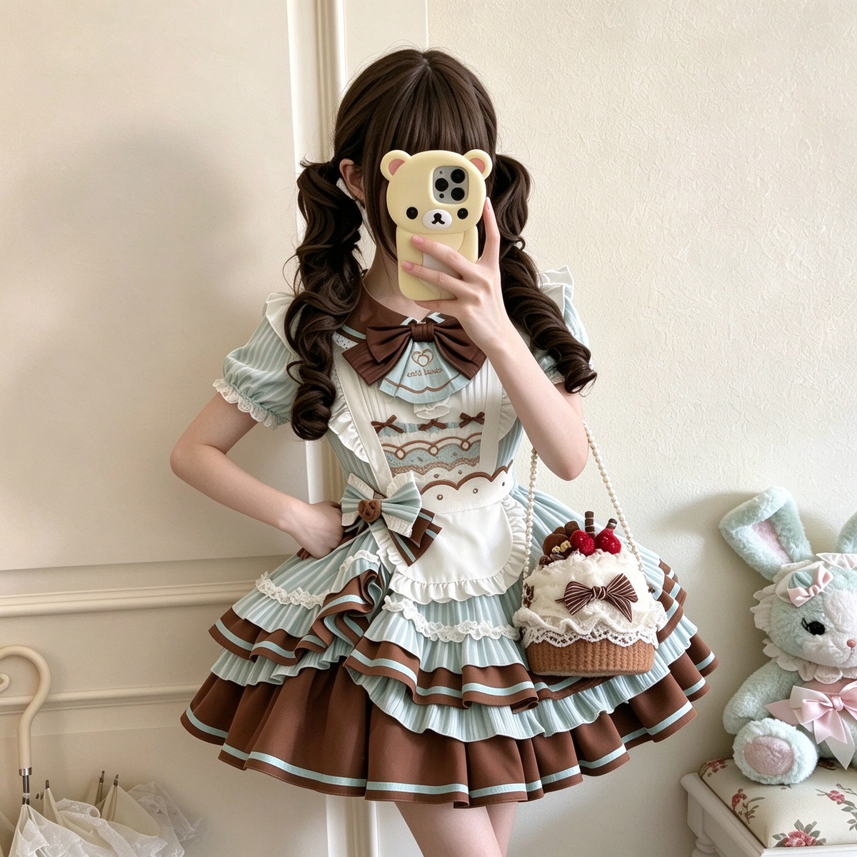 Sweet Maid Lolita Short Sleeve OP Dress Set with Striped Pattern and Pretzel Badge Apron