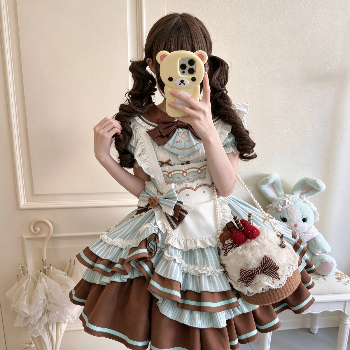Sweet Maid Lolita Short Sleeve OP Dress Set with Striped Pattern and Pretzel Badge Apron